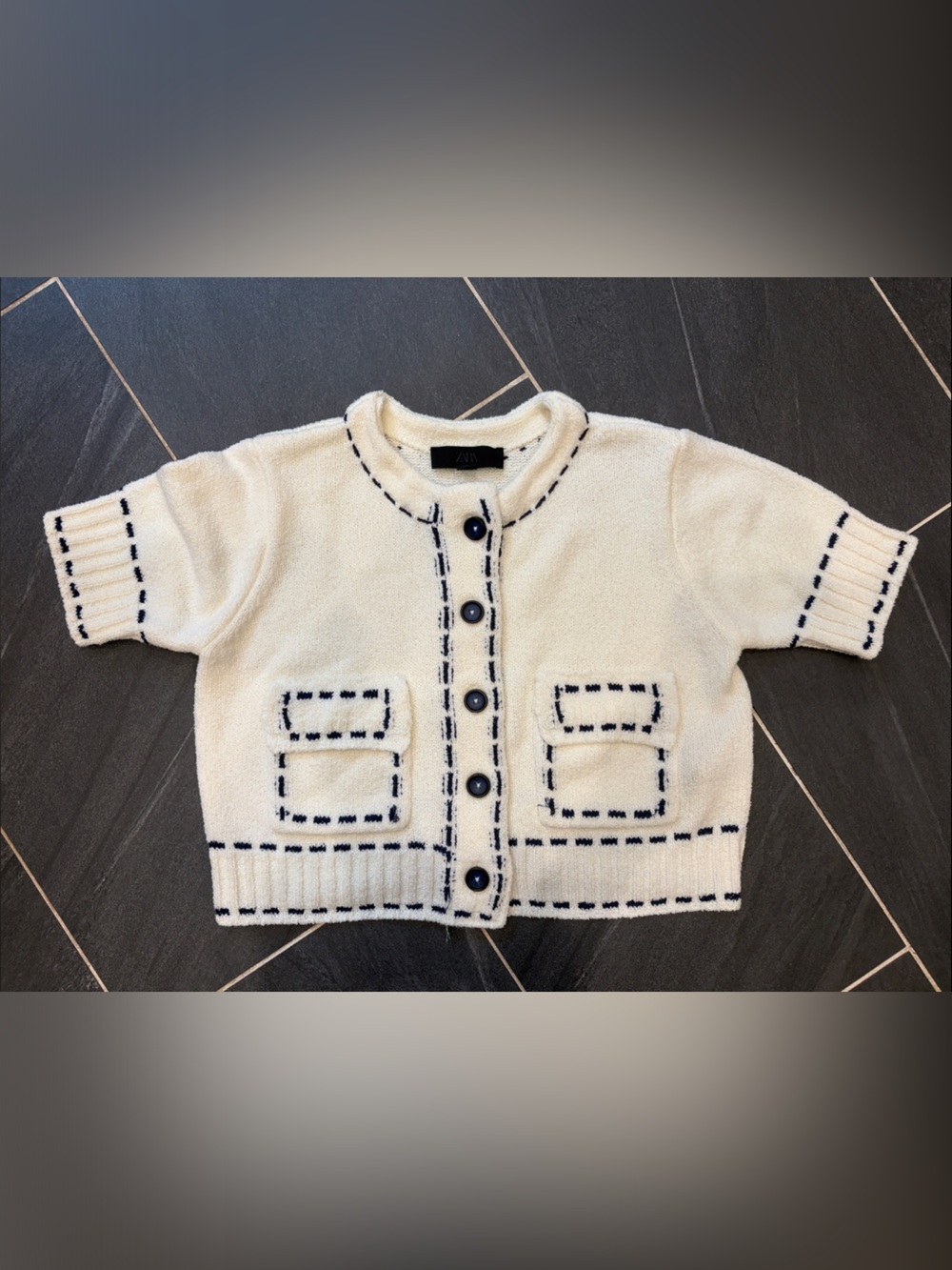 Zara Cream Knit Cardigan with Navy Stitching